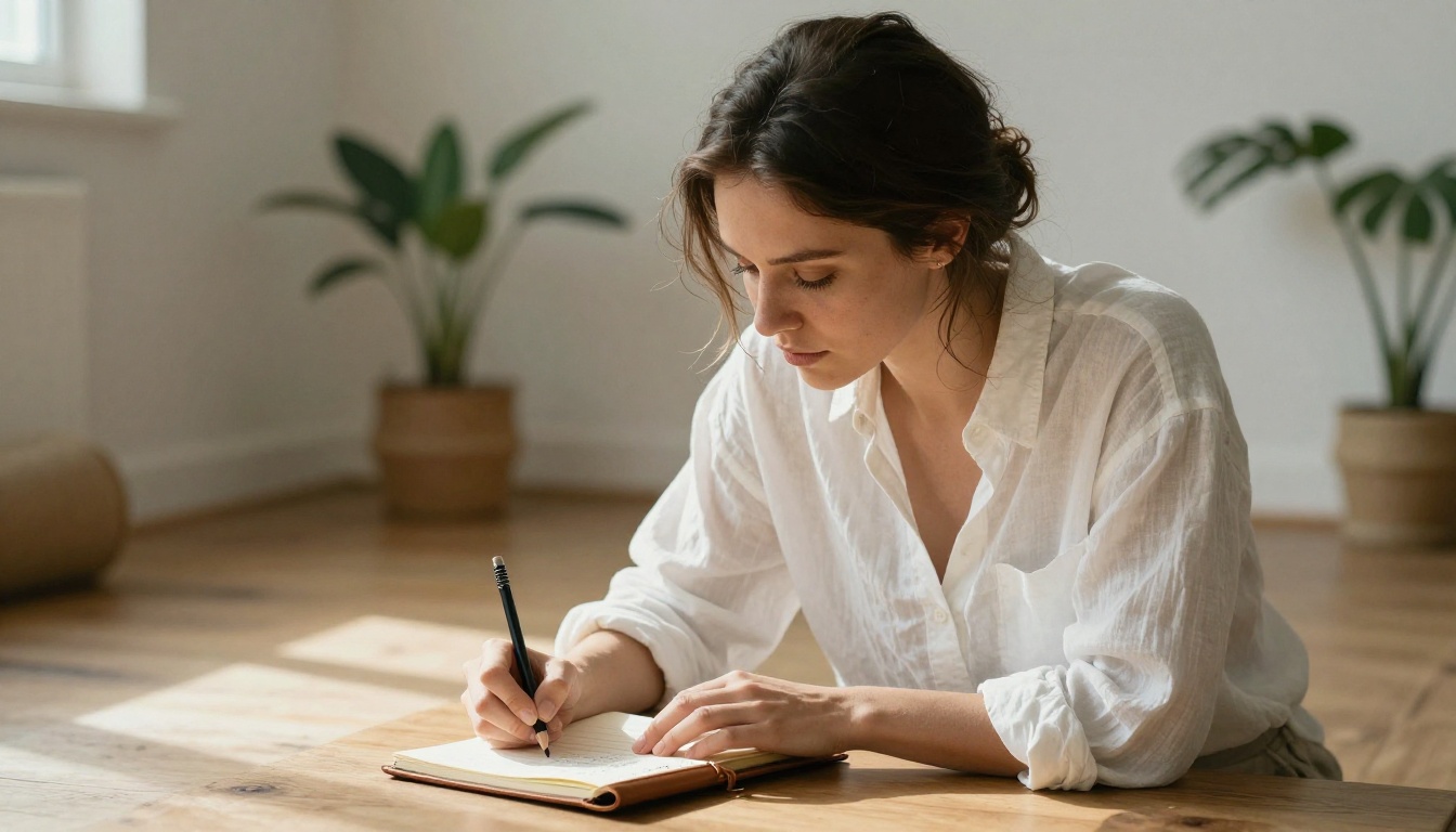A woman writing detailed AI prompts in a leather notebook in a minimalist studio, natural window light A woman writing detailed AI prompts in a leather notebook in a minimalist studio, natural window light