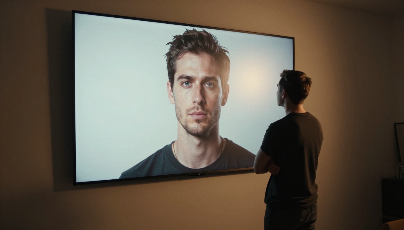 Creative professional standing confidently in front of a large AI portrait display