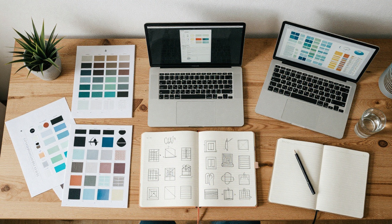 Aerial flat lay of a graphic designer's organized desk with swatches and design work