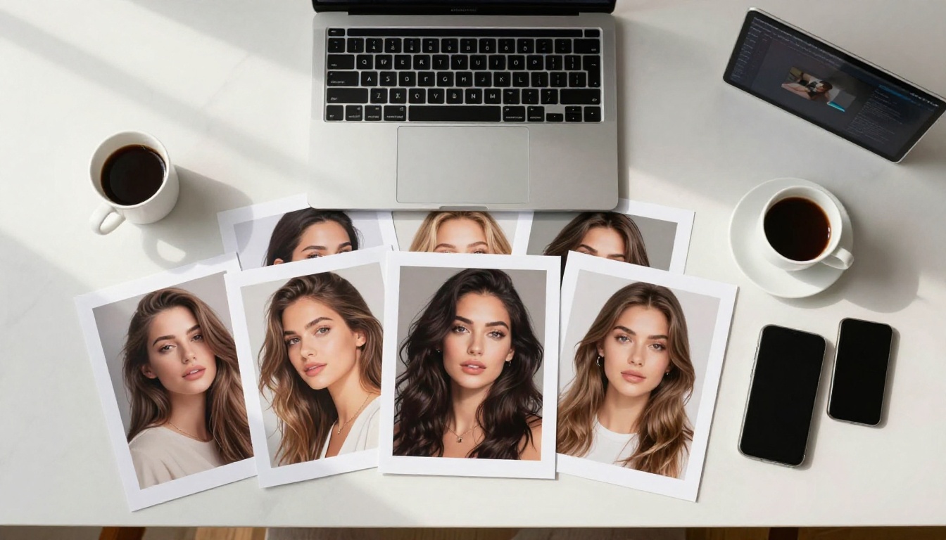 Flat lay overhead view of printed AI-generated portraits of beautiful women on a marble desk with laptop and coffee