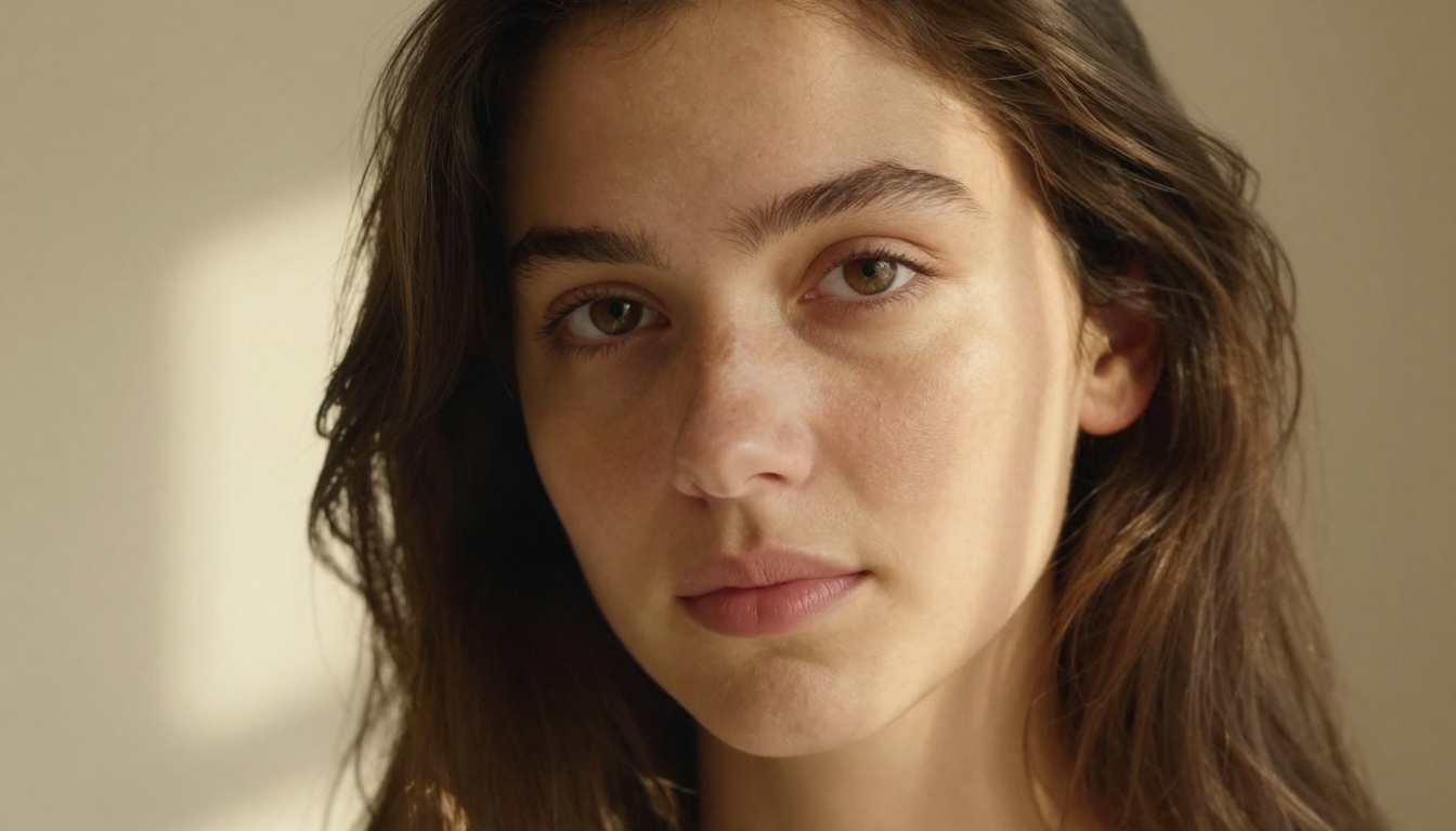 Close-up portrait of a young woman with natural skin texture in warm window light