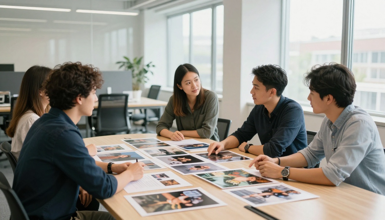 Creative team gathered around a conference table reviewing large printed AI images Creative team gathered around a conference table reviewing large printed AI images