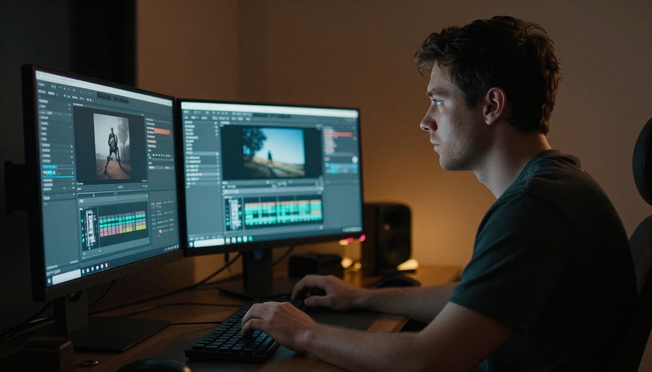 Creative professional working at a dual-monitor setup with dramatic warm and cool lighting Creative professional working at a dual-monitor setup with dramatic warm and cool lighting