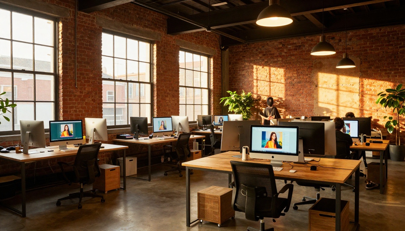 Modern creative studio with exposed brick walls and AI art displayed across multiple screens Modern creative studio with exposed brick walls and AI art displayed across multiple screens