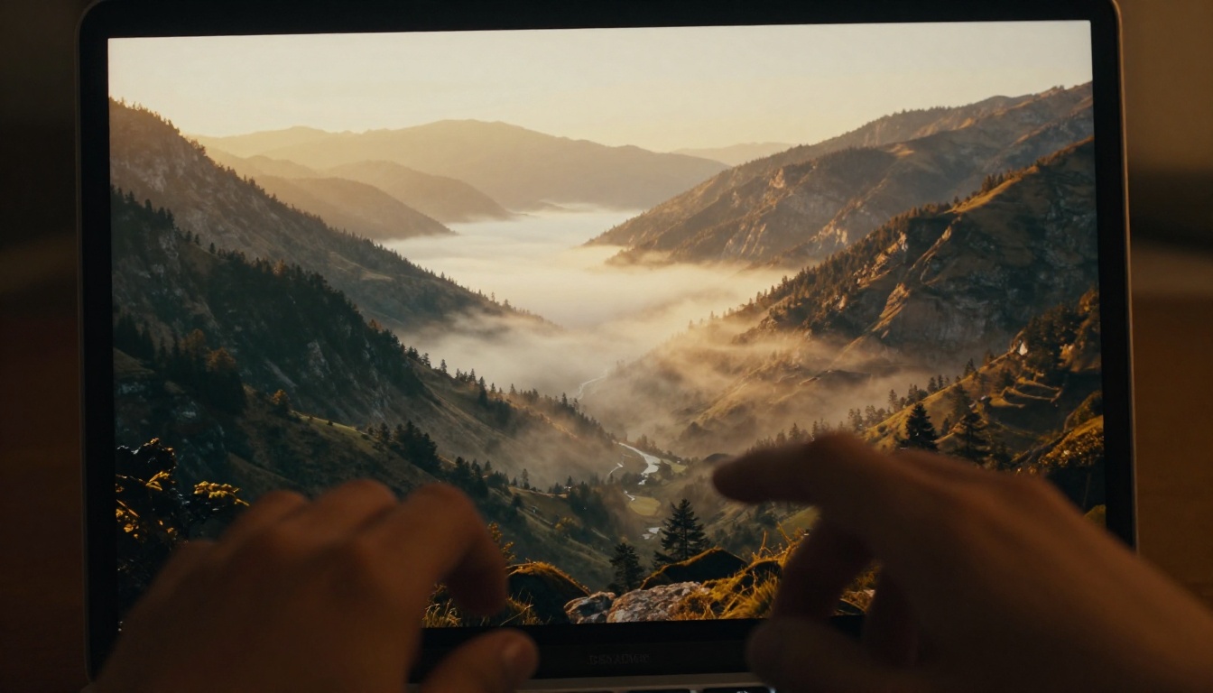 Laptop screen showing a stunning AI-generated mountain valley landscape at golden hour Laptop screen showing a stunning AI-generated mountain valley landscape at golden hour
