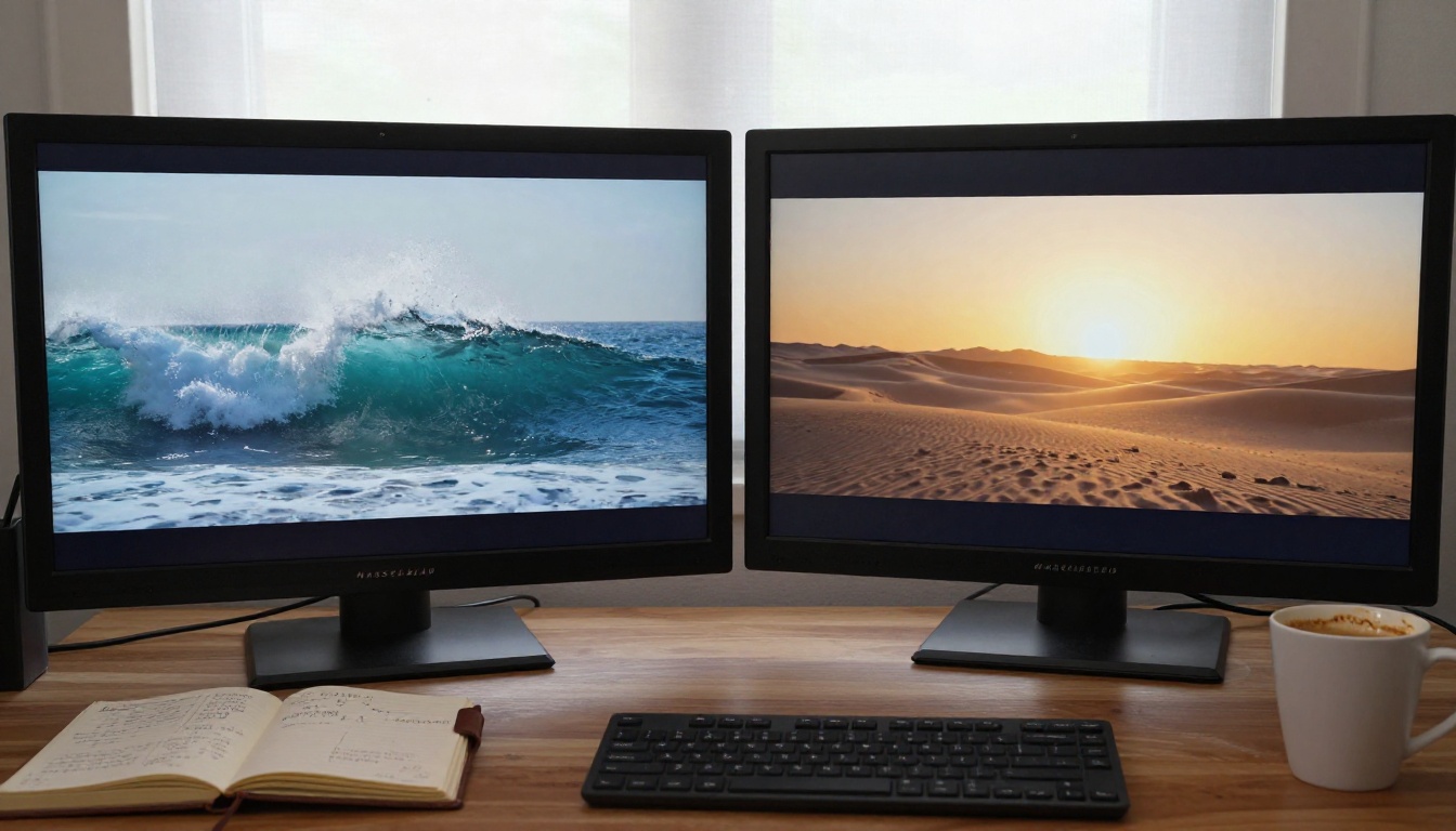 Two cinema monitors on a mahogany desk showing AI-generated video frames side by side