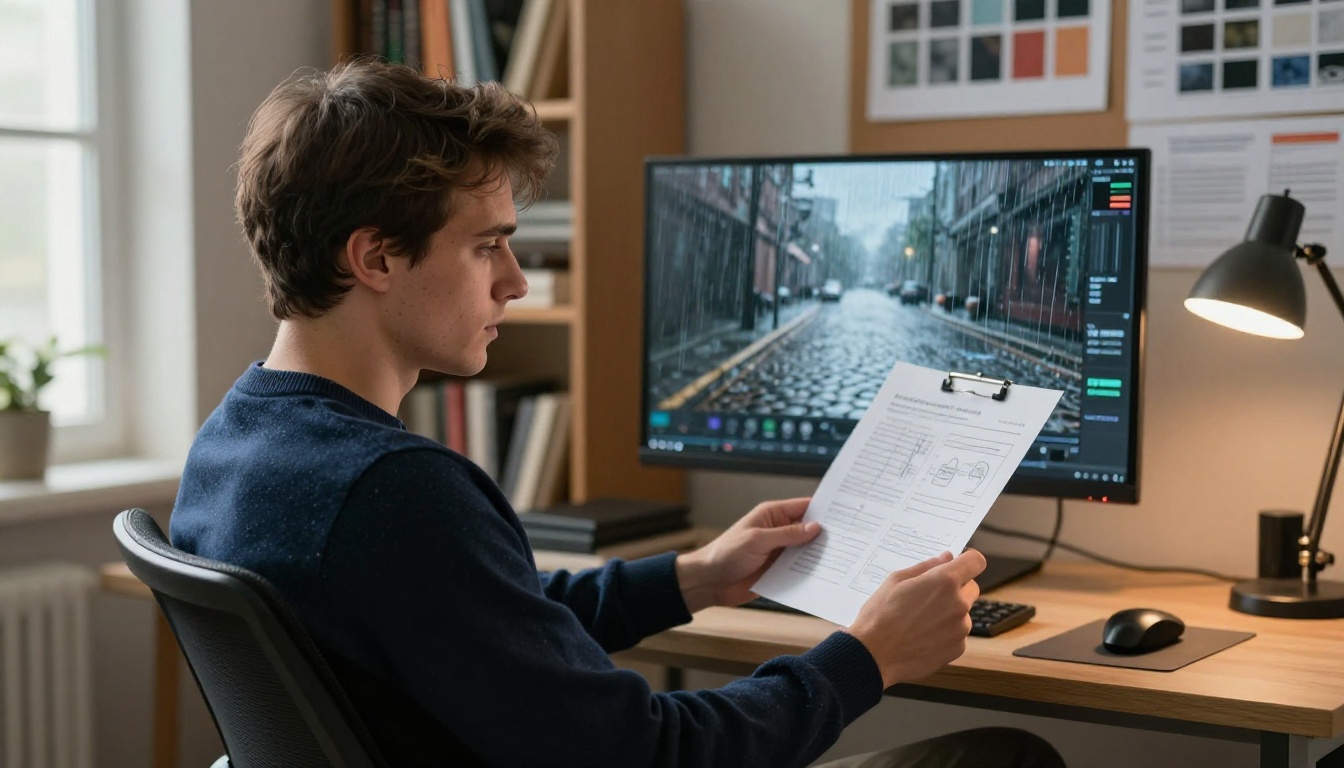 Young video director studying storyboards with AI video frame on monitor behind him