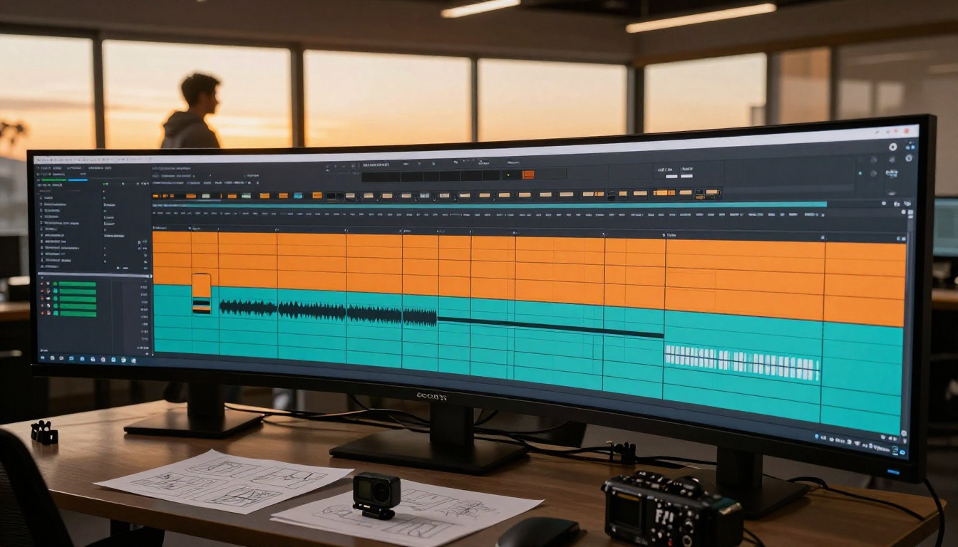 Professional video production timeline on a curved ultrawide monitor in a studio