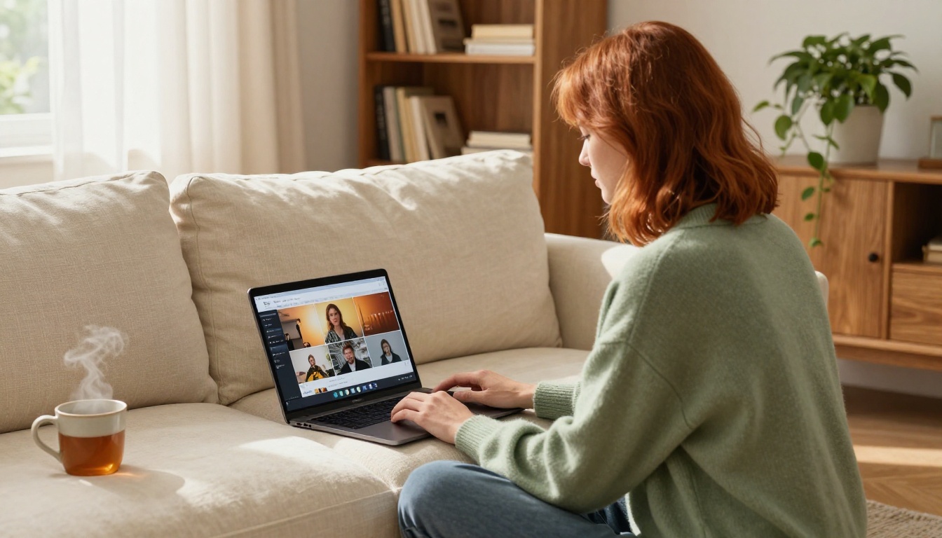 Woman with copper hair sitting on cream sofa with laptop showing AI video platform