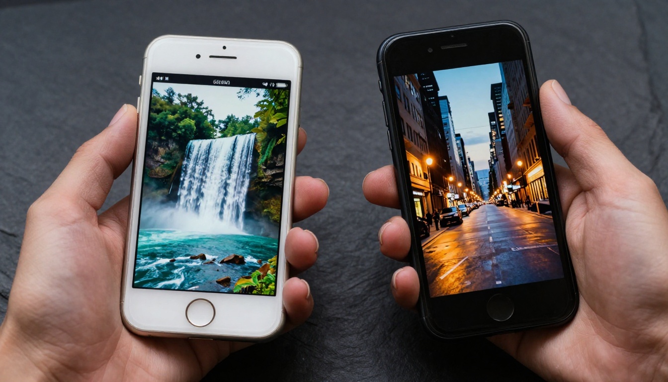 Two hands holding phones, one showing a waterfall AI video and one a city street AI video