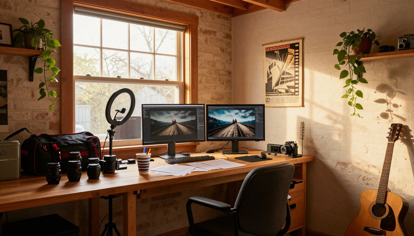 Filmmaker's warm home studio at golden hour with monitors, camera gear, and guitar