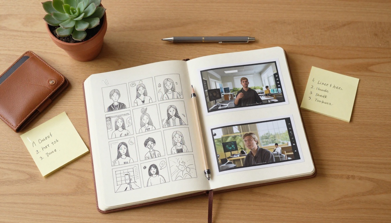 Overhead flat lay of video storyboard sketchbook with AI video frame printouts and sticky notes