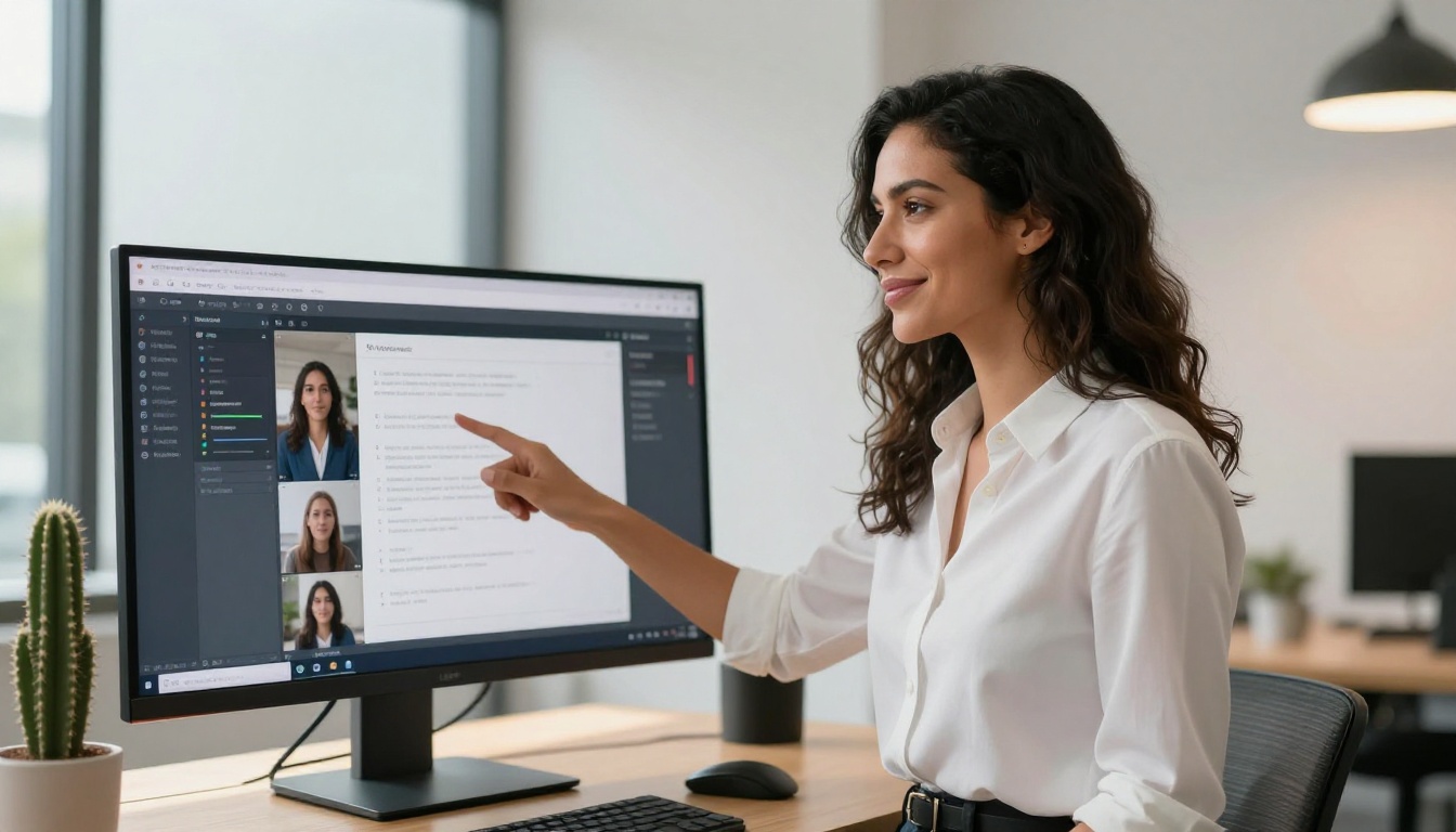 Confident Latina woman pointing at a monitor showing AI video generation models on screen