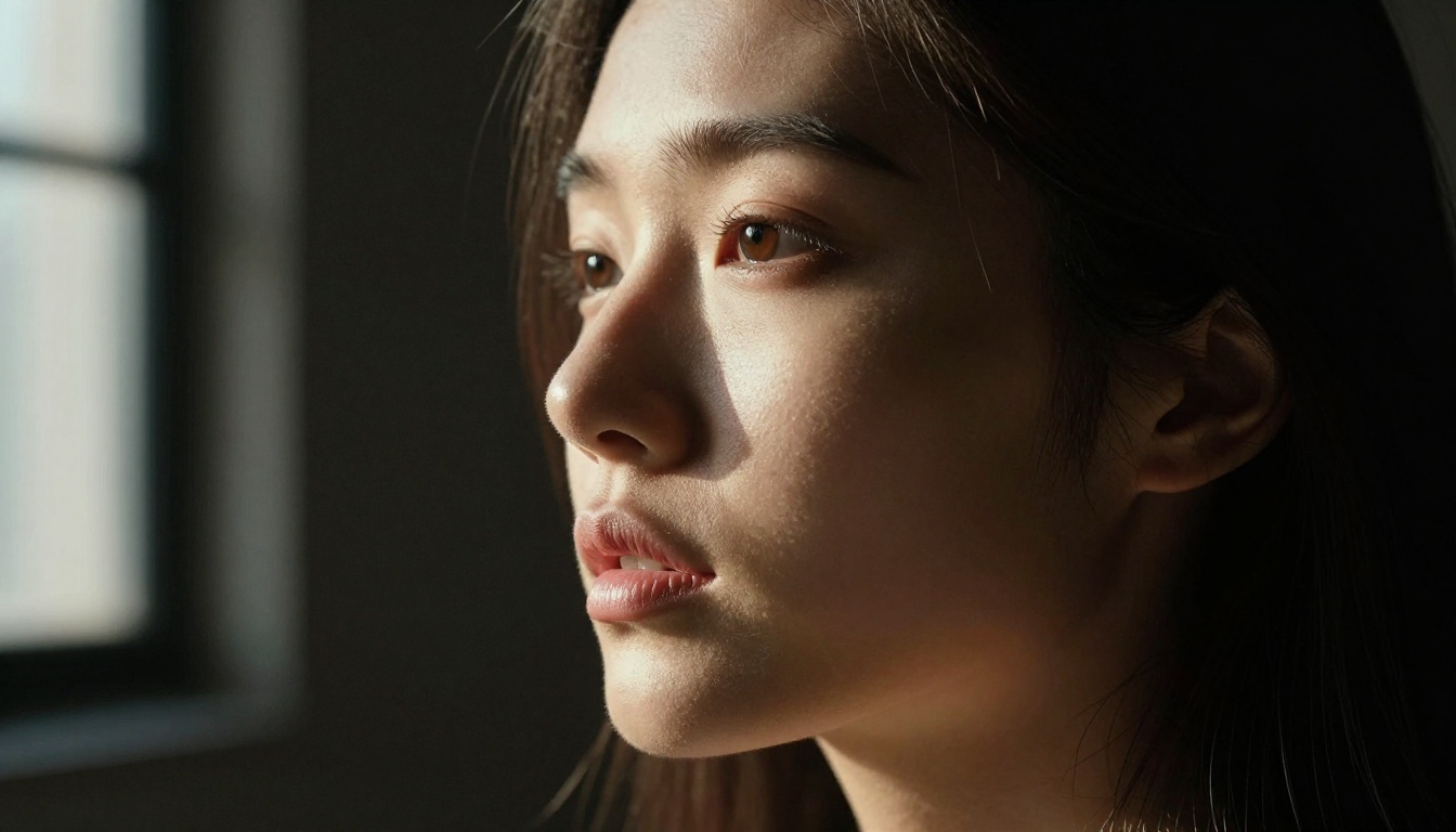 Beautiful woman with dramatic chiaroscuro lighting, half face in shadow and half illuminated by natural daylight, cinematic portrait photography