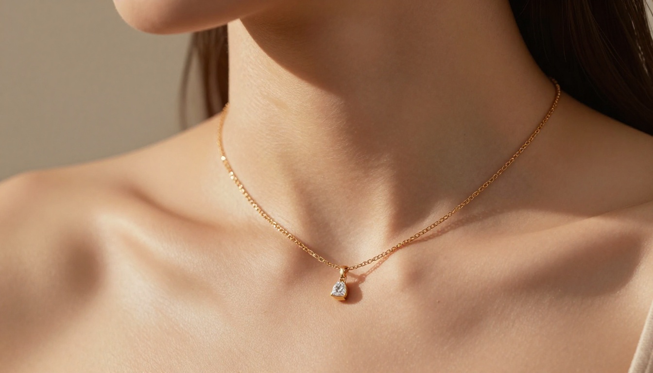 Photorealistic close-up of a woman's neck and decolletage with delicate layered gold necklace, warm directional studio lighting