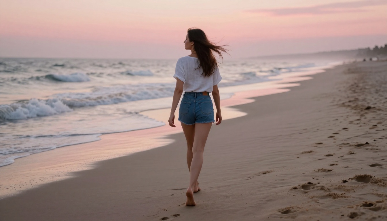 Beautiful woman walking barefoot along a deserted sandy beach at sunrise, low angle shot with pink and amber horizon tones