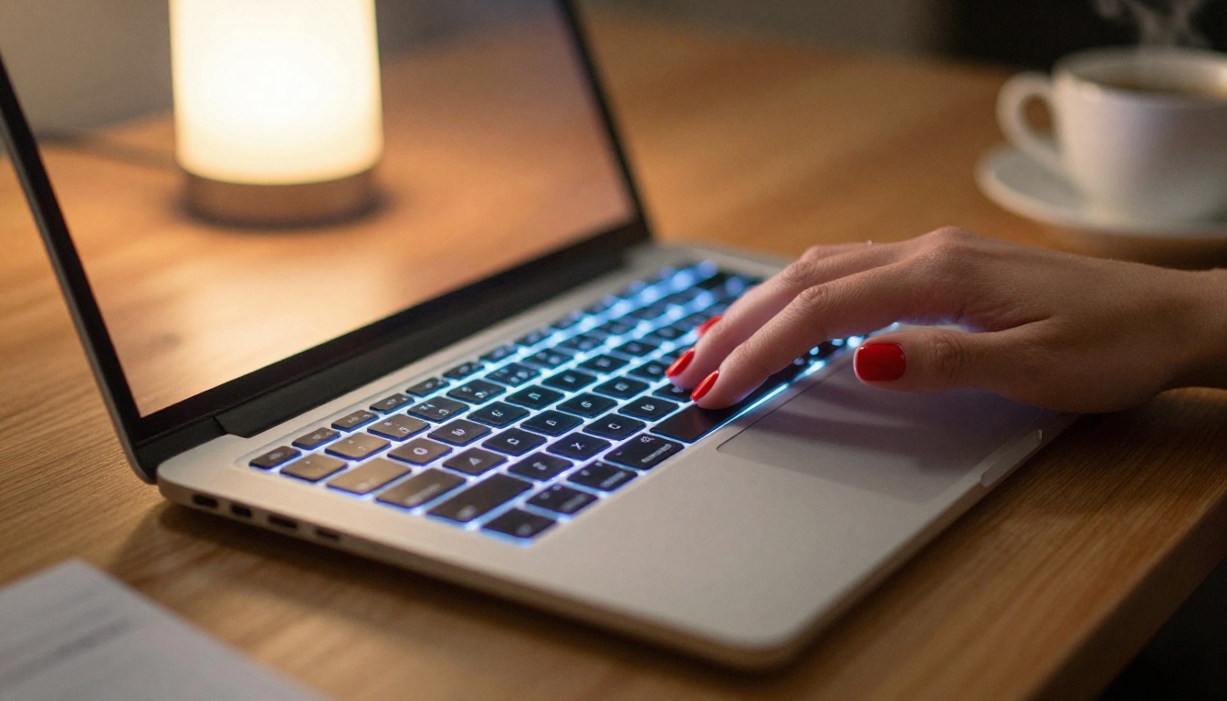 Photorealistic close-up of elegant hands with red nails on a laptop keyboard with warm desk lamp glow and steaming coffee in background
