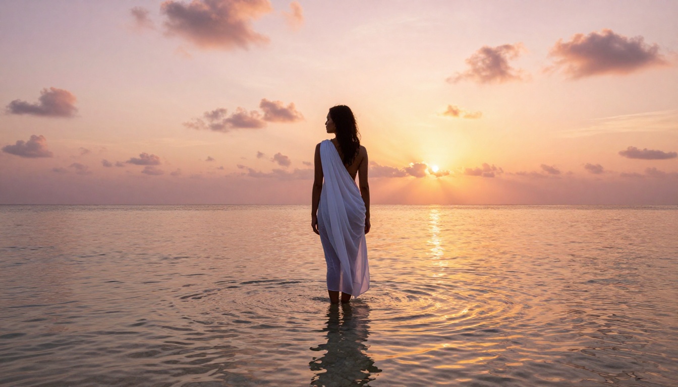 Silhouette of a woman in a sheer white sarong standing in shallow tropical water at sunset, warm amber and rose sky behind her