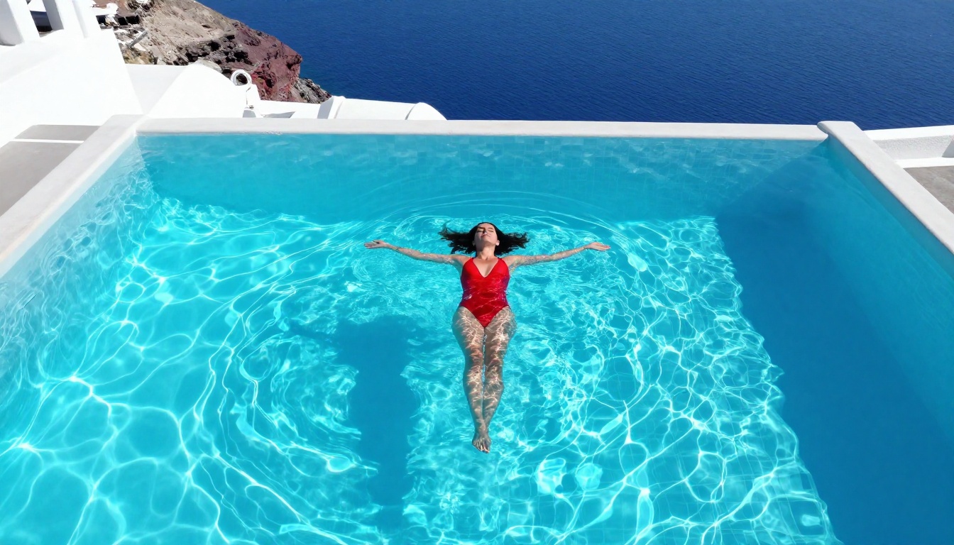 Aerial shot of a woman floating in a turquoise infinity pool in Santorini, Mediterranean light Aerial shot of a woman floating in a turquoise infinity pool in Santorini, Mediterranean light
