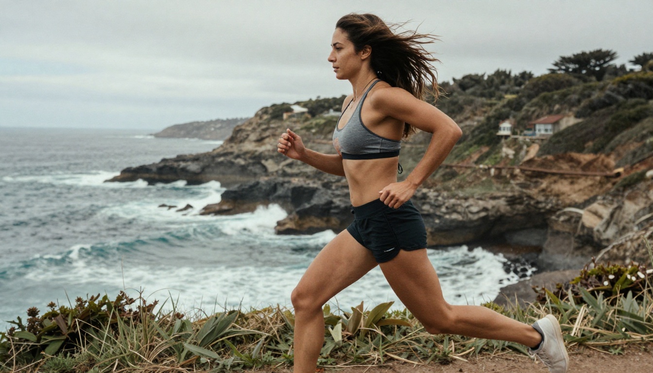 Athletic woman in a sporty bikini top running along a coastal cliff path, dynamic motion blur, dramatic ocean views below