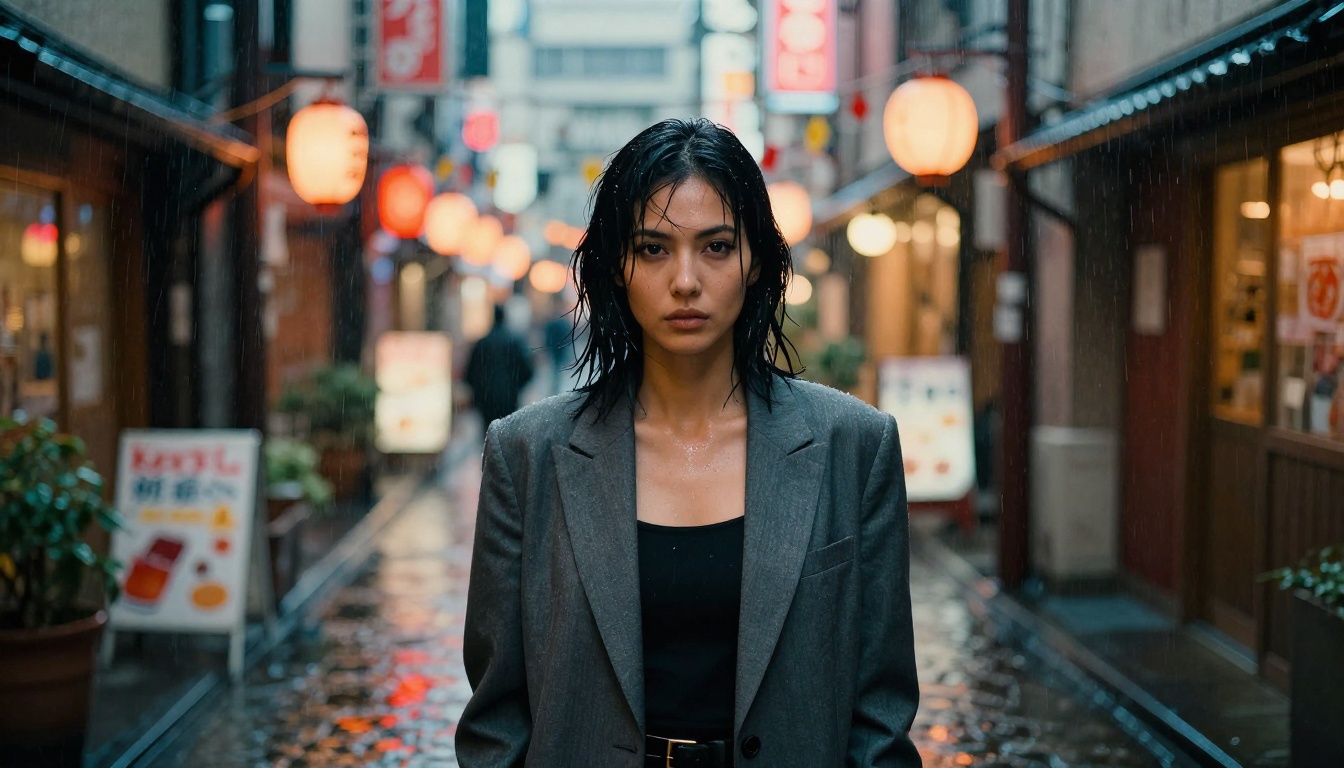A woman in a charcoal blazer in a rain-soaked Tokyo alley at night, neon bokeh reflections A woman in a charcoal blazer in a rain-soaked Tokyo alley at night, neon bokeh reflections