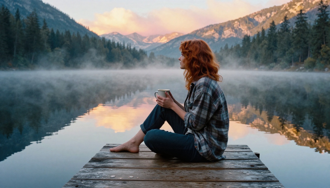 A woman with copper hair on a mountain lake dock at sunrise, mist on water, flannel shirt A woman with copper hair on a mountain lake dock at sunrise, mist on water, flannel shirt
