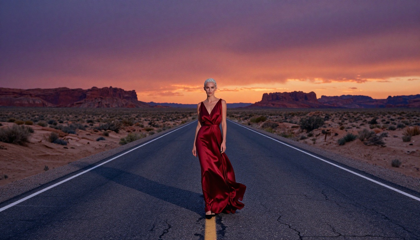 A woman in a crimson satin dress on an empty desert highway at dusk, Utah landscape A woman in a crimson satin dress on an empty desert highway at dusk, Utah landscape
