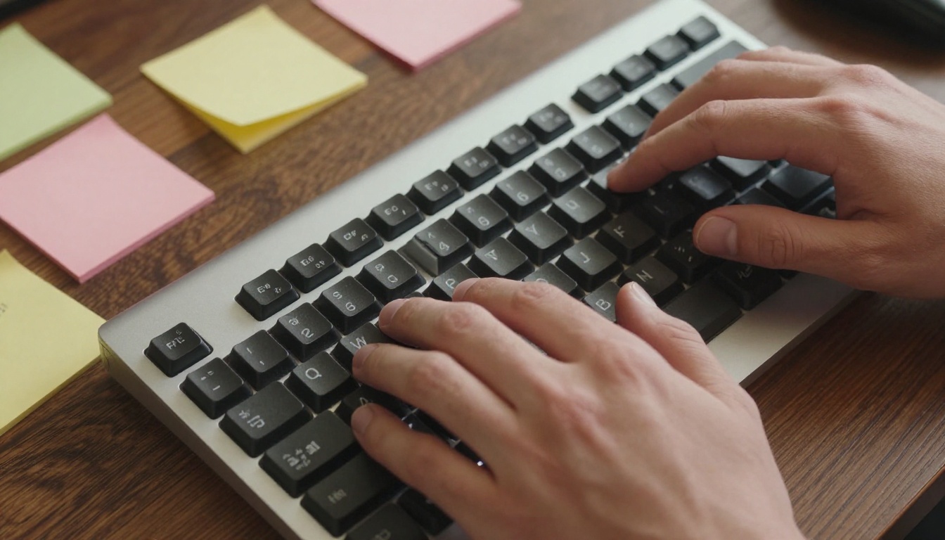 Hands crafting detailed AI image prompts on a backlit mechanical keyboard