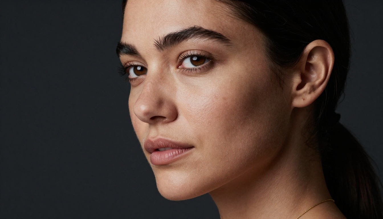 An intimate studio portrait, split lighting, Phase One medium format, natural skin texture An intimate studio portrait, split lighting, Phase One medium format, natural skin texture