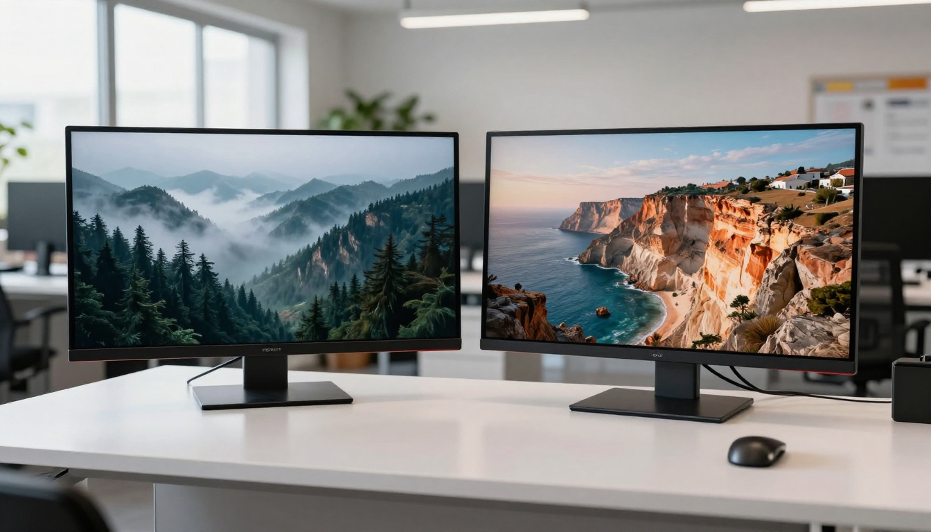 AI professionals comparing model outputs on two side-by-side monitors AI professionals comparing model outputs on two side-by-side monitors