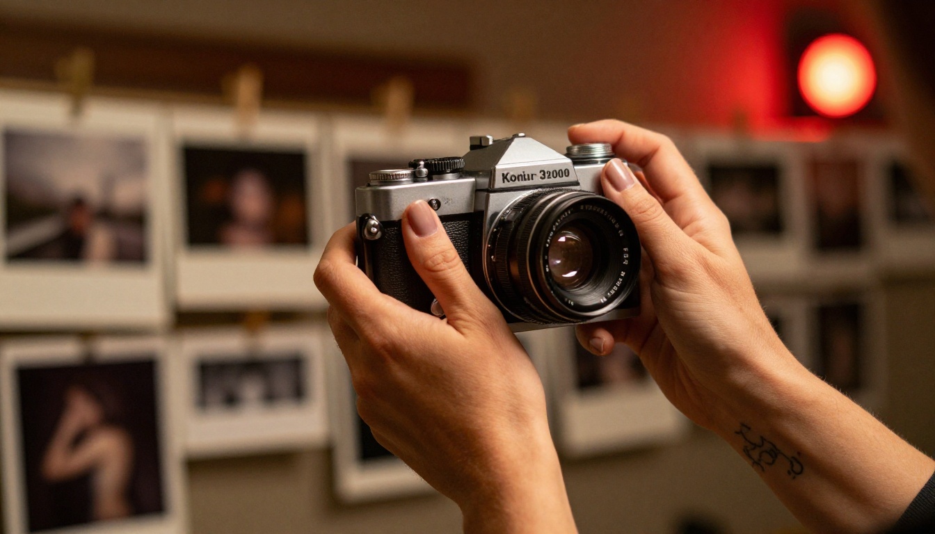 Woman's hands holding a vintage 35mm film camera in a warm darkroom, red safelight glow Woman's hands holding a vintage 35mm film camera in a warm darkroom, red safelight glow