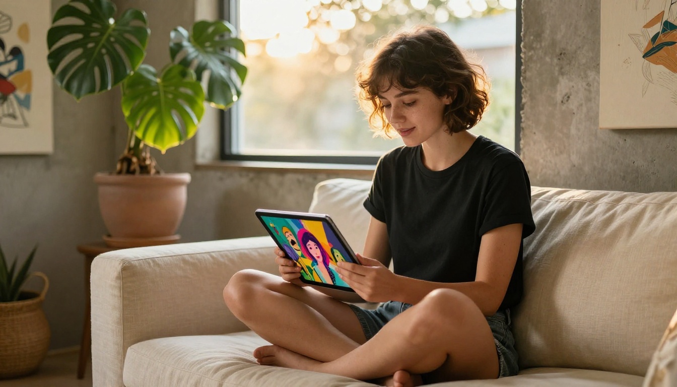 Young woman with delight looking at vibrant AI-generated portraits on a tablet Young woman with delight looking at vibrant AI-generated portraits on a tablet