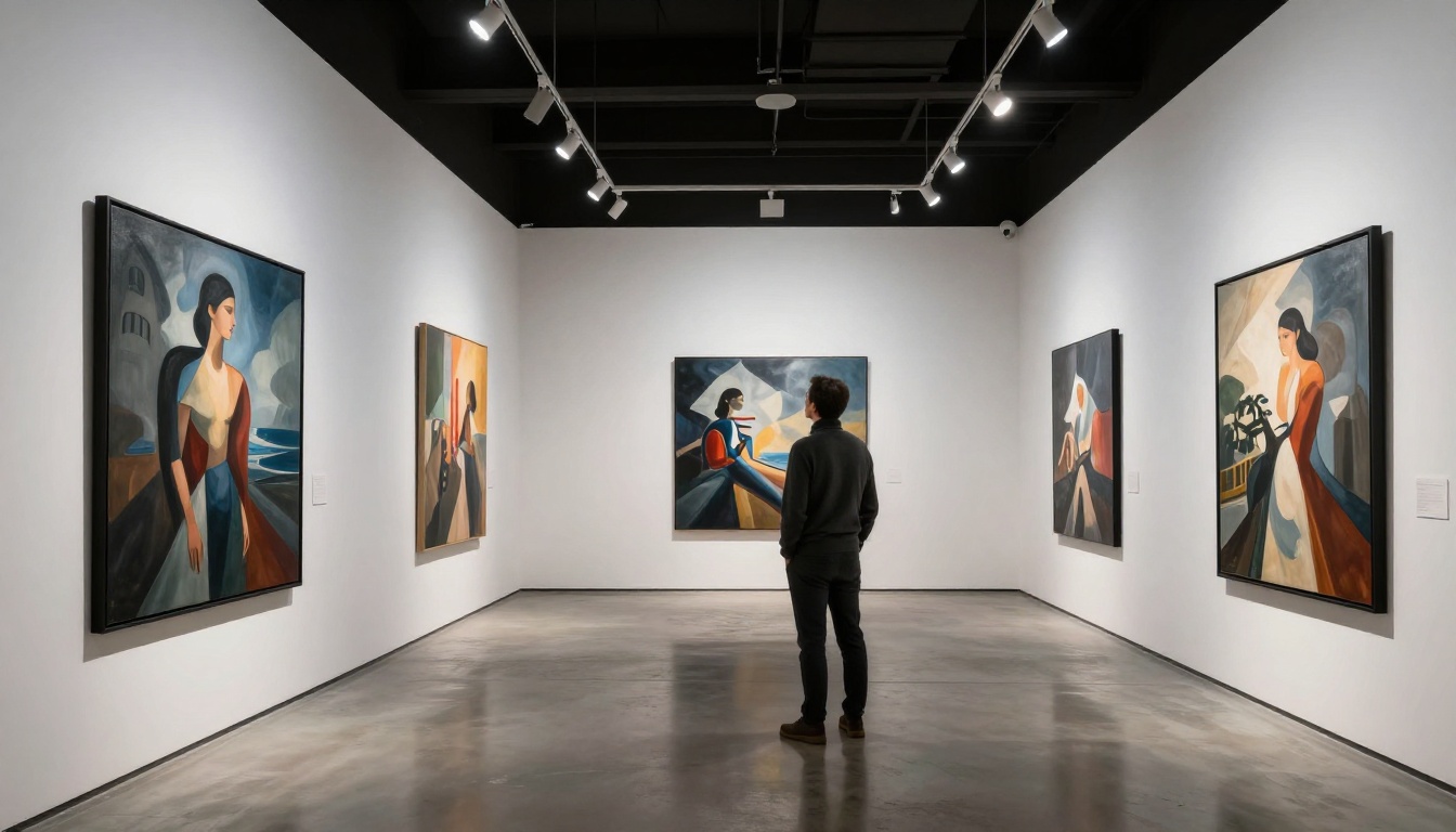 Modern art gallery with large-format photorealistic AI prints displayed under focused spotlights