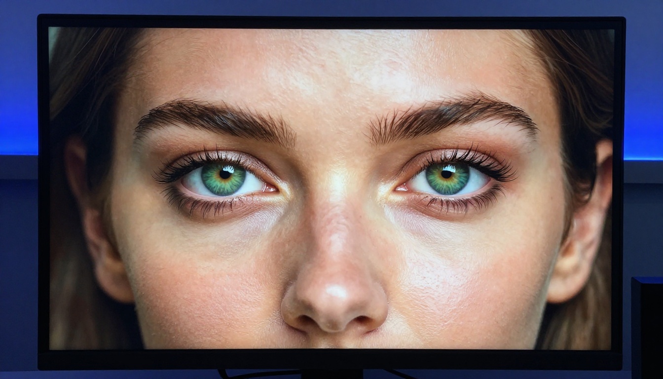 Close-up of monitor displaying a hyper-detailed AI-generated portrait Close-up of monitor displaying a hyper-detailed AI-generated portrait