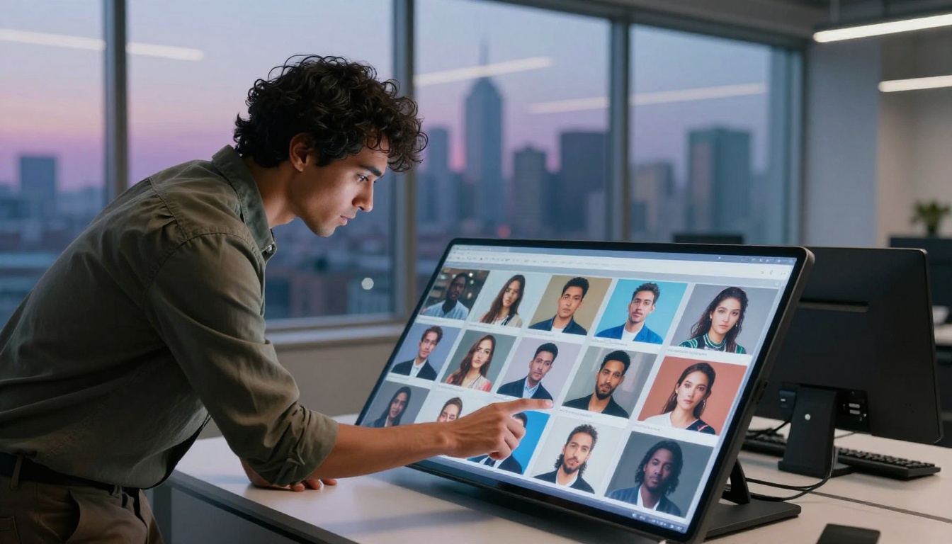 Creative professional selecting from a grid of AI-generated images on a large touchscreen table Creative professional selecting from a grid of AI-generated images on a large touchscreen table
