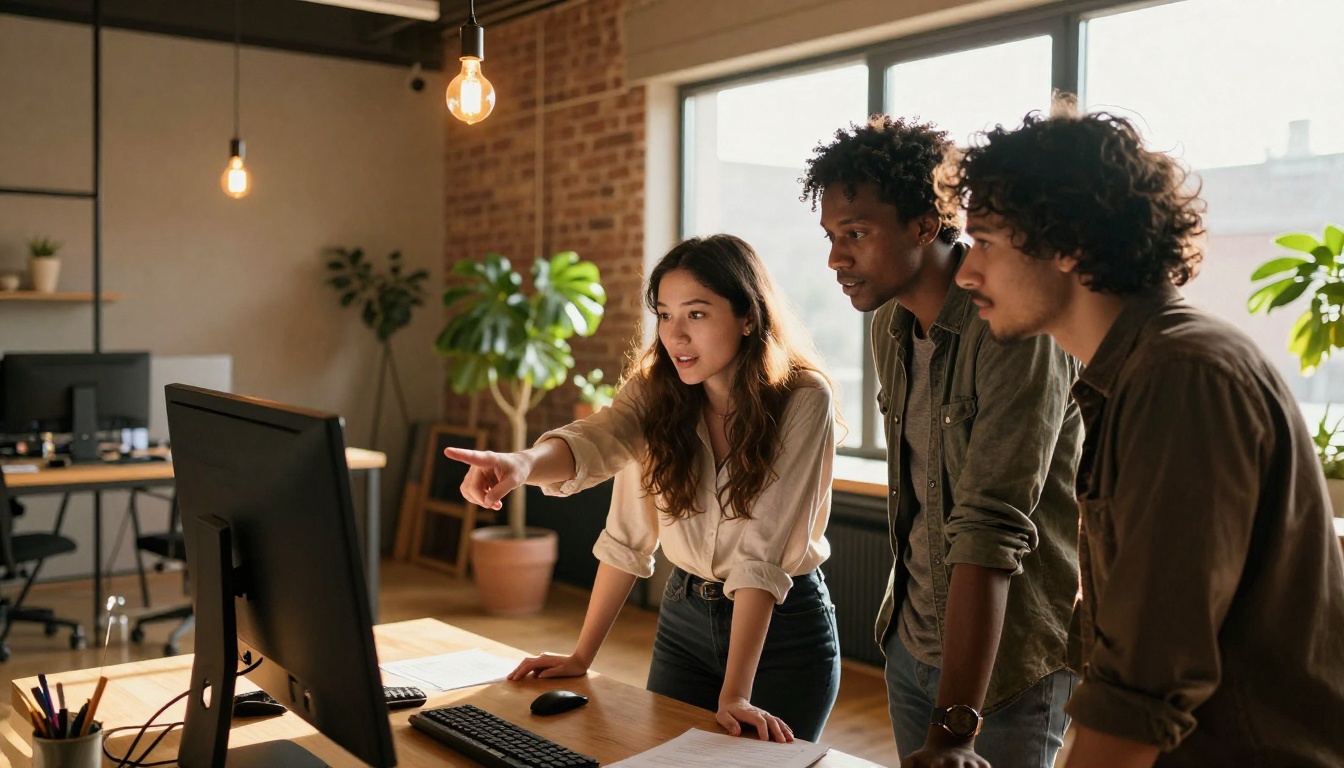 Diverse team of creative professionals gathered around a shared monitor with AI artwork Diverse team of creative professionals gathered around a shared monitor with AI artwork
