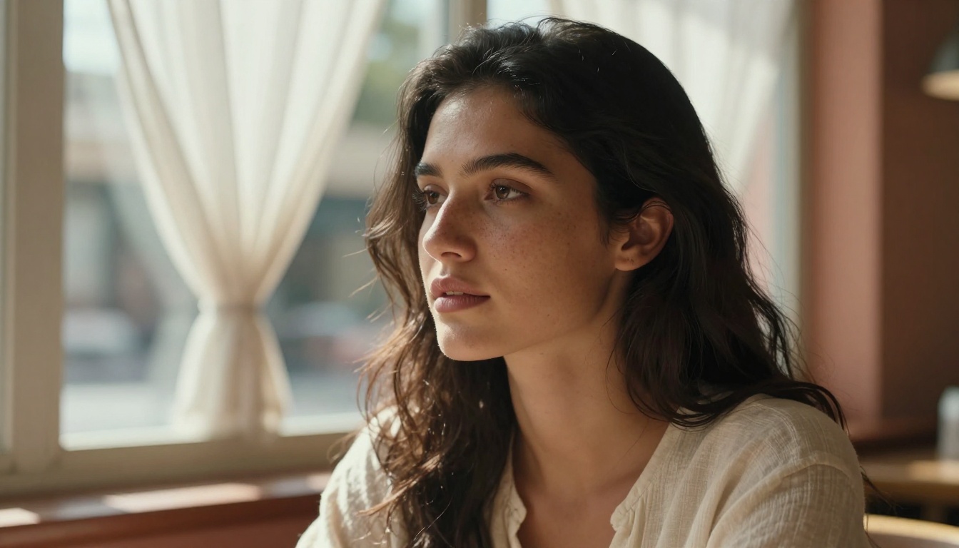 Portrait photorealism: close-up of a woman by a café window, natural diffused daylight on olive skin with Kodak Portra film grain