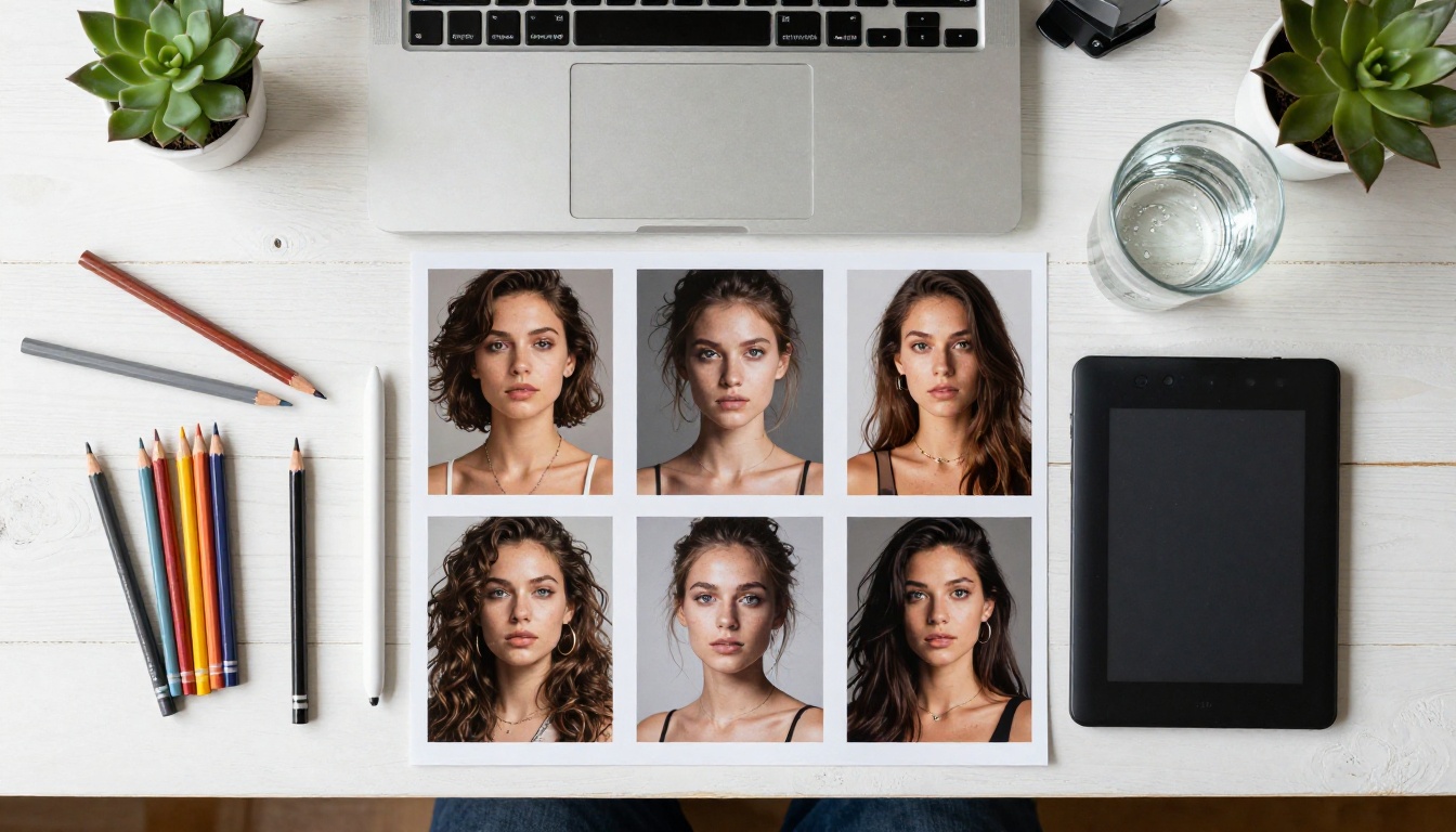 Overhead flat lay of a designer's desk with AI image contact sheets, a Wacom tablet, and color tools