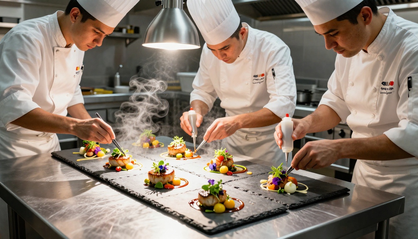 Aerial kitchen photography: three chefs plating a gourmet dish with tweezers and precise sauce dots under professional spotlights