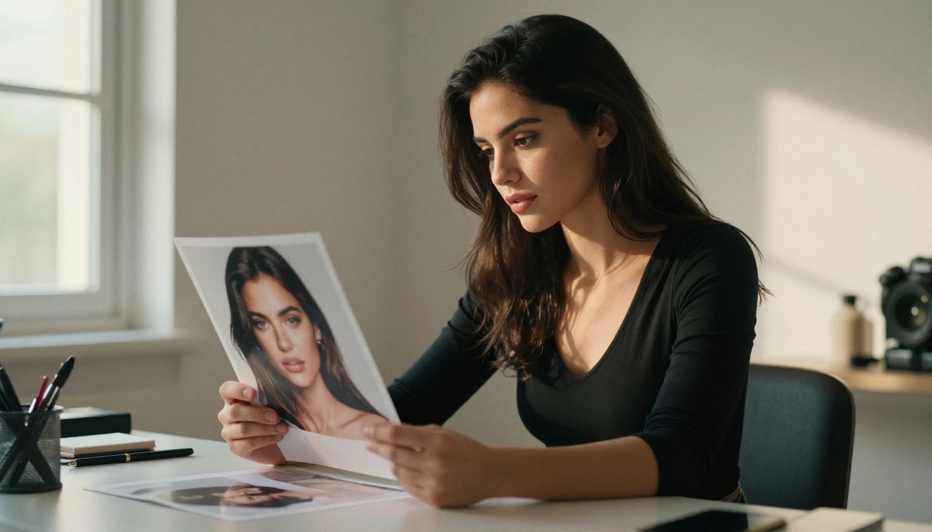 Woman admiring a printed AI-generated fashion portrait in warm morning light
