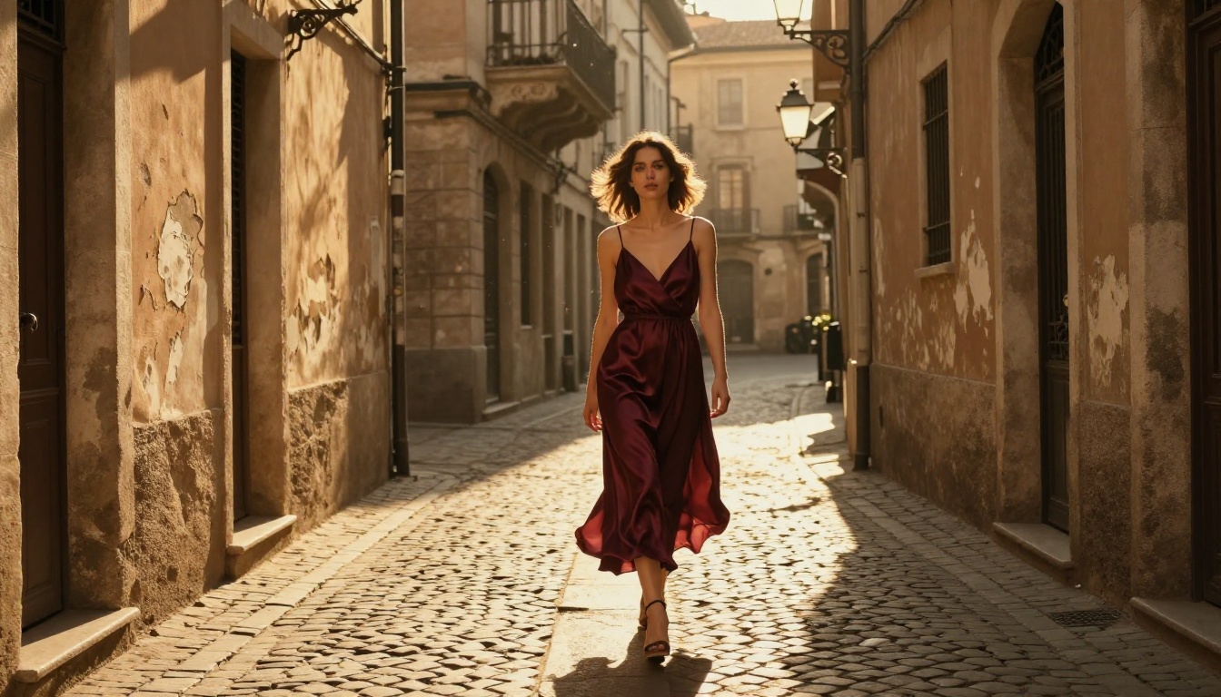 Street photography: woman in deep burgundy silk dress walking a cobblestone alley at golden hour, dramatic fabric texture and motion