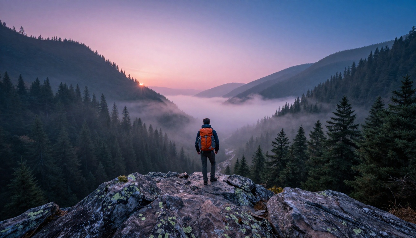 Misty mountain valley at dawn with a lone hiker on a rocky outcrop overlooking fog-filled valleys, atmospheric depth and film grain