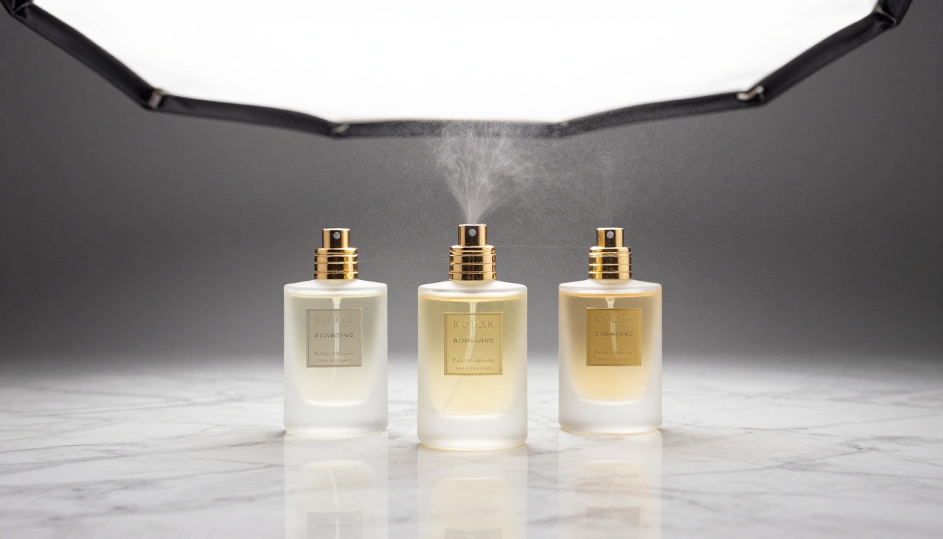 Product photography: three premium perfume bottles on polished Carrara marble with studio octabox lighting and mid-air perfume mist