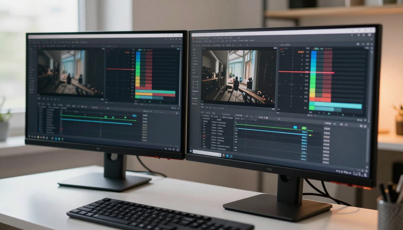 Side-by-side AI video timeline comparison on two curved monitors in a studio setup