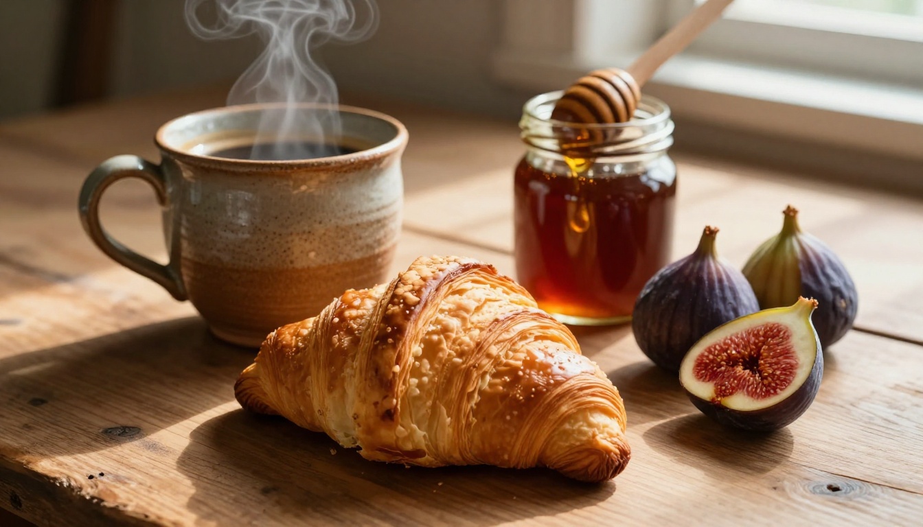 Artisan breakfast still life: clay mug with steam, flaky croissant layers, honey dripping and halved figs in warm morning window light Artisan breakfast still life: clay mug with steam, flaky croissant layers, honey dripping and halved figs in warm morning window light