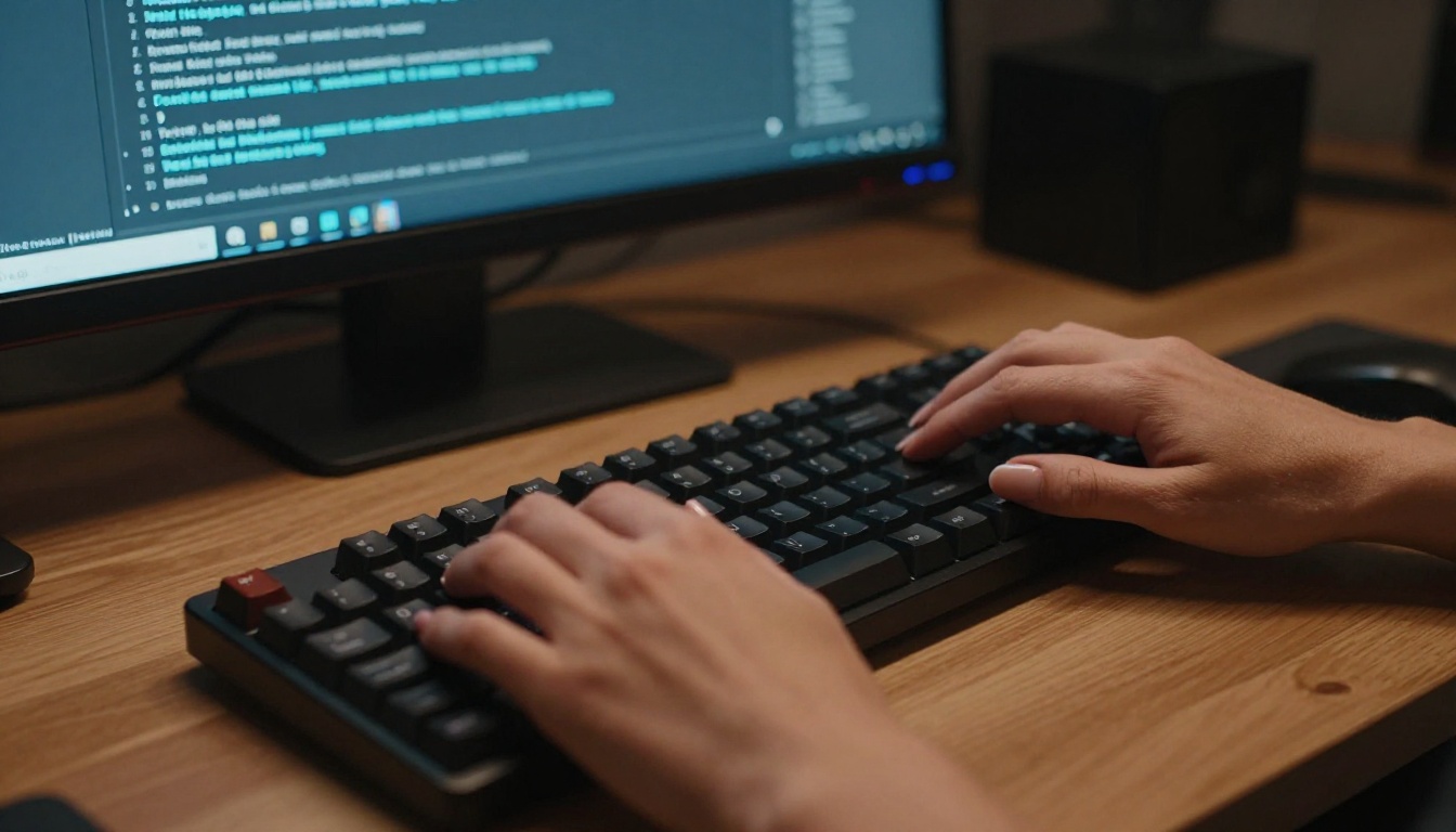 AI prompt setup at a computer workstation, warm desk lamp and screen glow