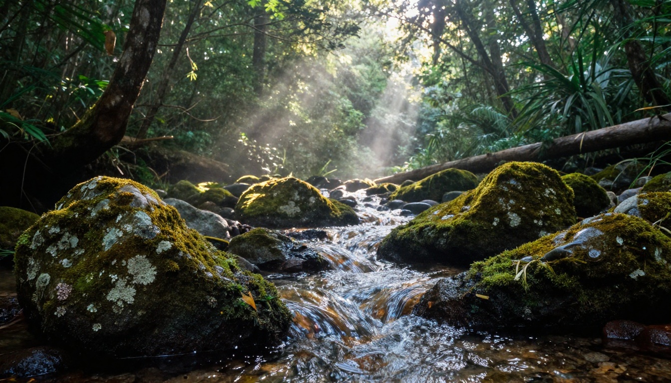 Crystal-clear mountain stream over mossy stones with volumetric golden hour light filtering through forest canopy