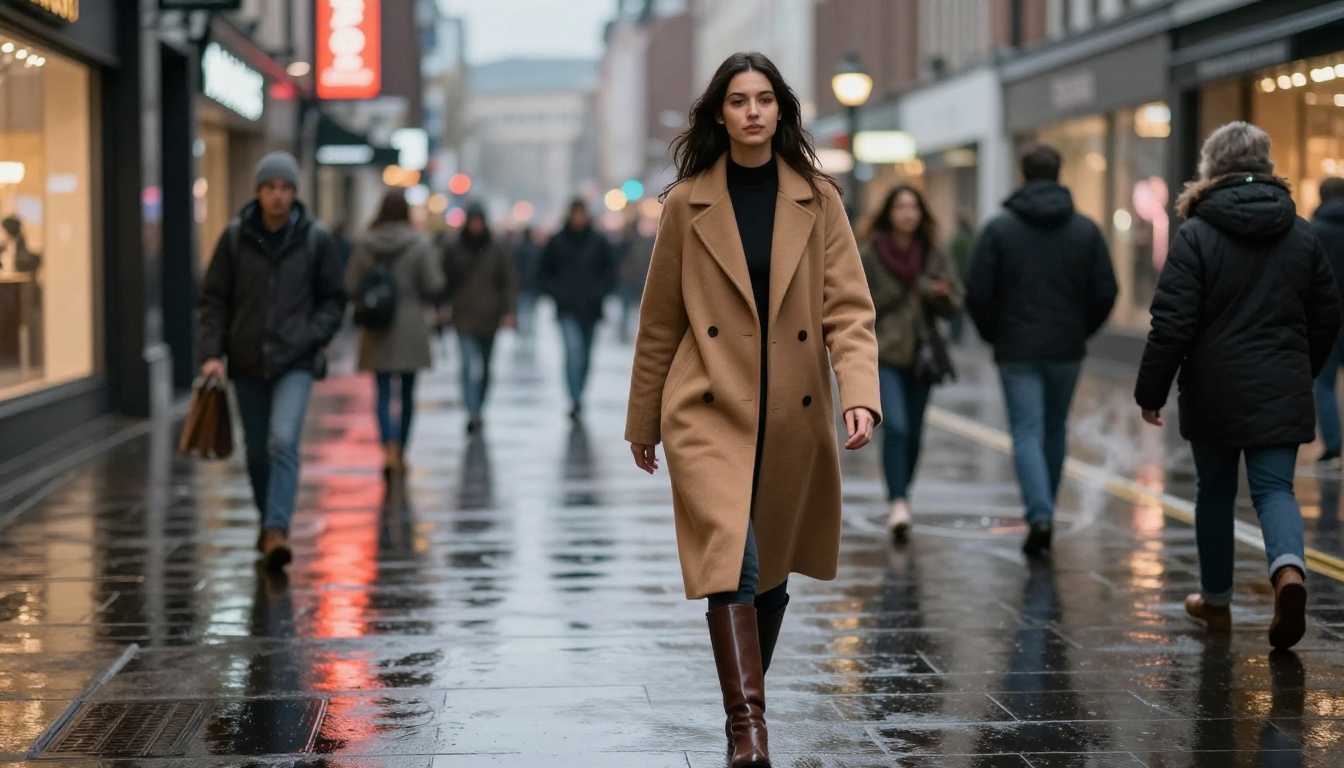 Young woman in camel wool coat walking confidently on a rain-wet urban street at dusk with neon reflections on pavement