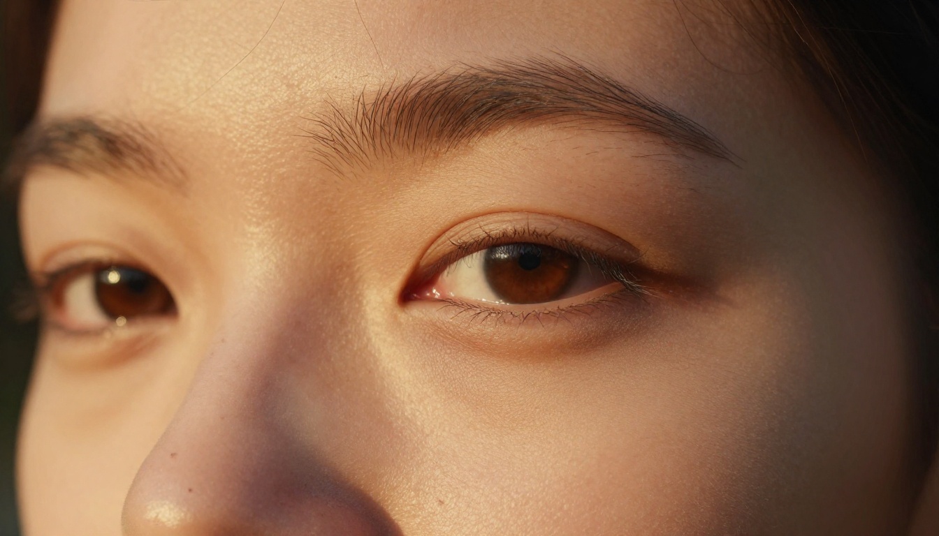 Extreme close-up portrait with golden hour directional light and ultra-detailed skin texture