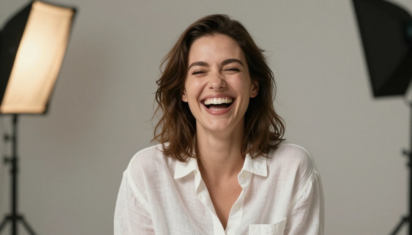 Woman in a professional studio with genuine joyful expression, dramatic balanced studio lighting